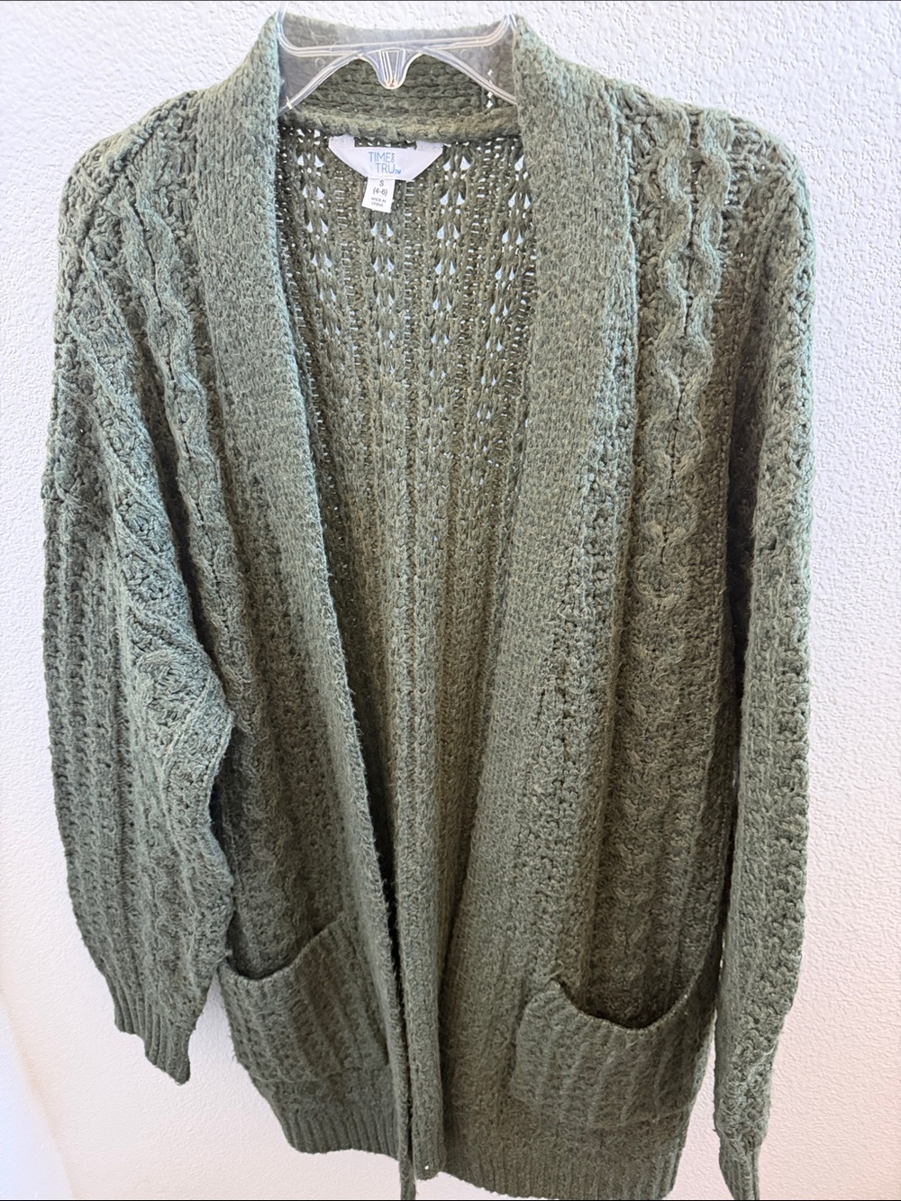 OVERSIZED Time and Tru Olive Open-Front Cable Knit Cardigan